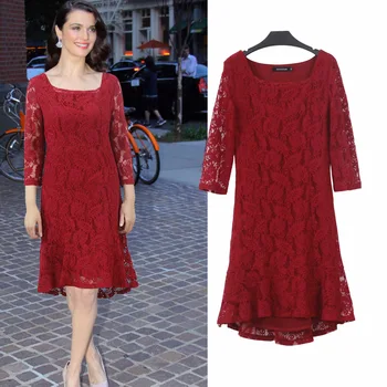 

2018 Spring Sunmmer New Arrival Euro Style Women Lace Three Quarter Sleeve Hollow Out Dresses Round Neck Plus Size Knee-Length