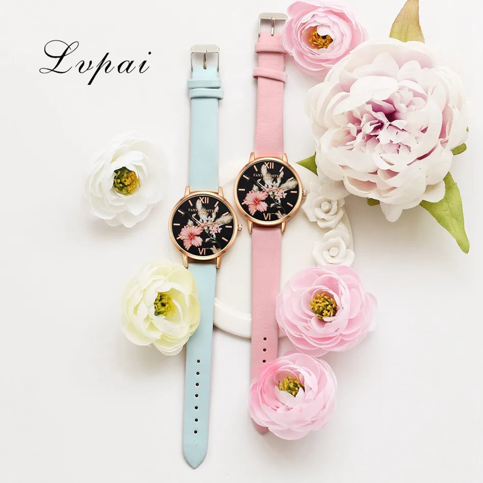 Lvpai Brand Women Bracelet Watch Fashion Rose Gold Flowers Leather Simple Women Dress Watches Luxury Business Clock Watch