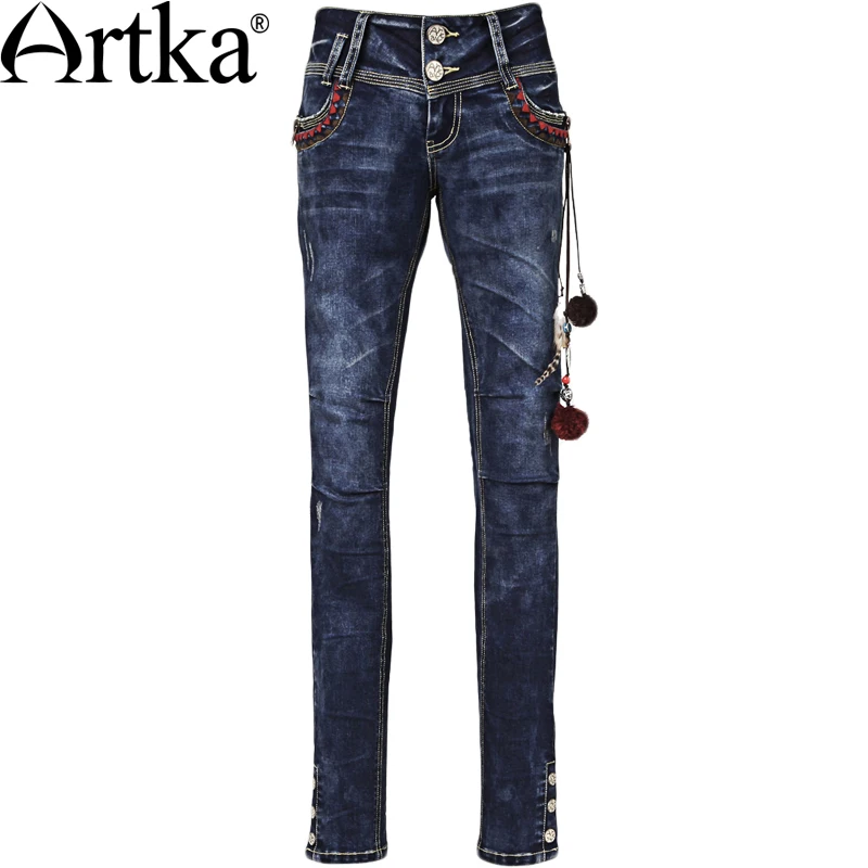 Otoño Hecha Mano Bordado A Artka Pantalones Lavado K810056q Lápiz Decoración Blue Nuevo Slim Mujeres Fit gwWcqq4X5