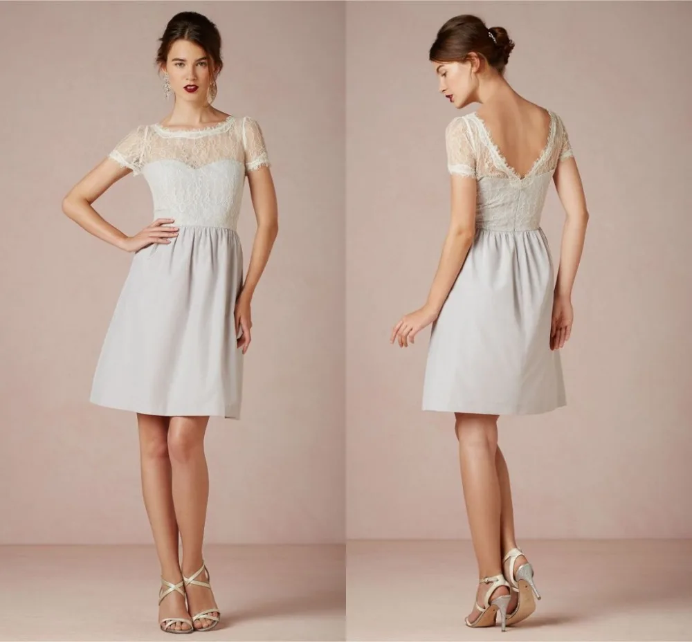 Silver Simple Homecoming Dresses Scoop Neck Short Sleeve Knee Length Semi Formal Homecoming