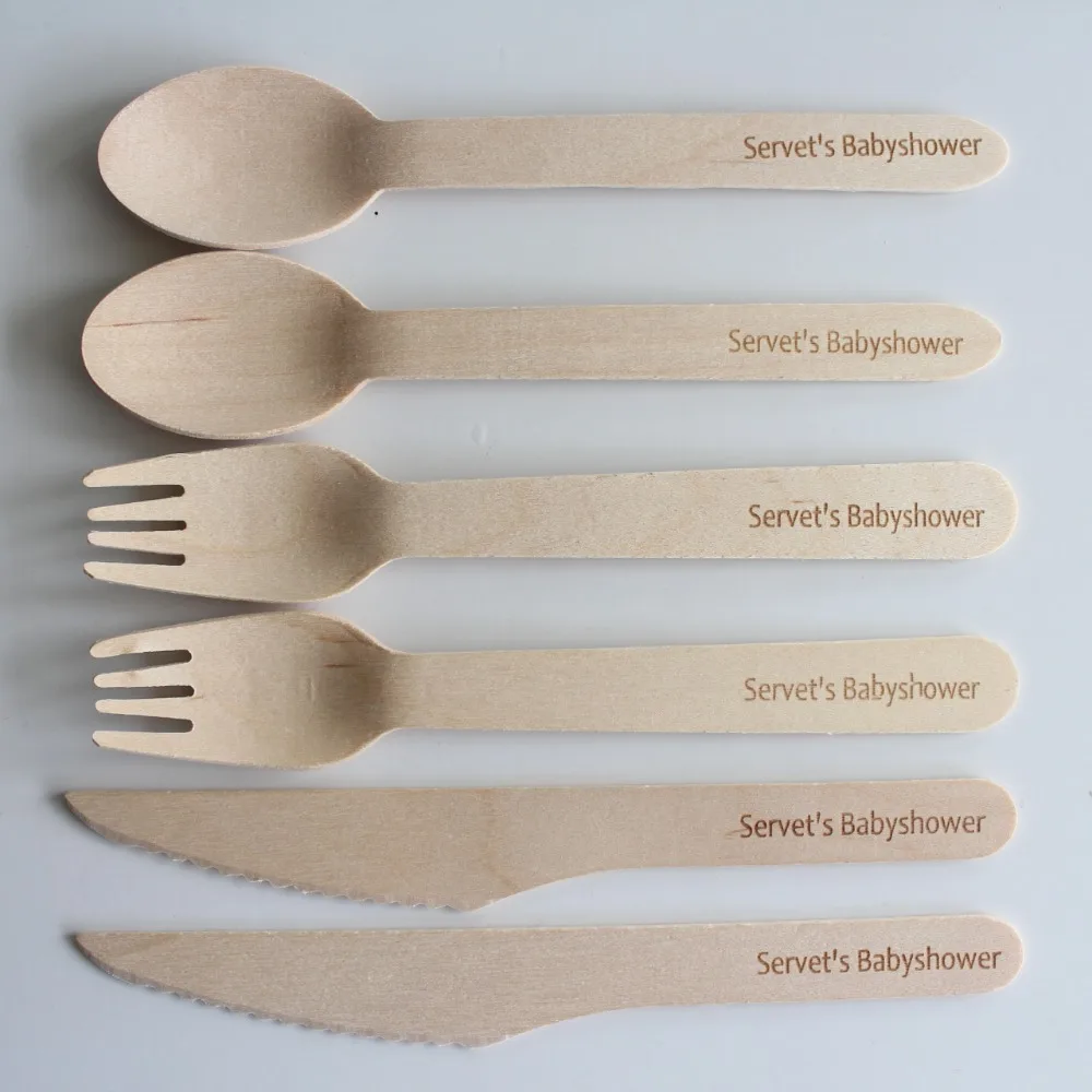 25 Sets Personalized Engraving Baby Shower Wooden Cutlery Set