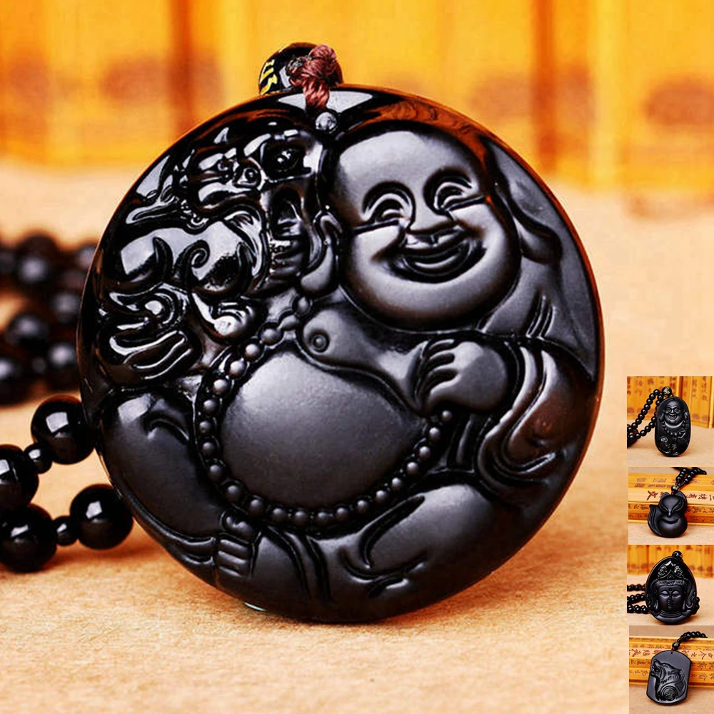

Dk Natural Black Crystal Obsidian Wolf Head Fox Baby Beaded Curtain Scrub Pendant Black Guanyin Head Pendant Turned Buddha Head
