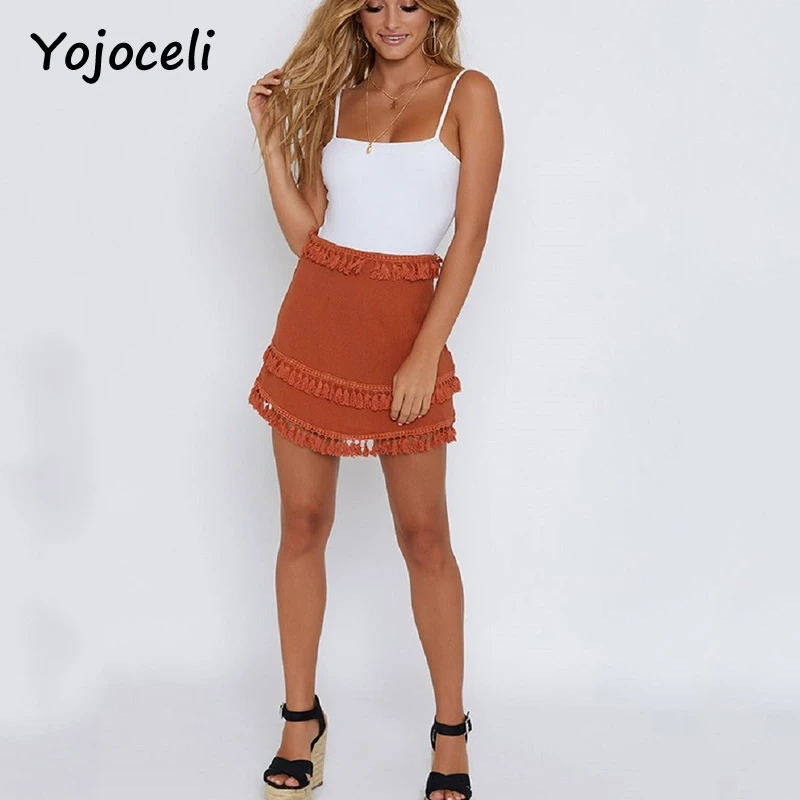 Yojoceli, сексуальная летняя юбка с кисточками, милые женские вечерние юбки для клуба, пляжа, облегающая женская мини-юбка - Цвет: rust red