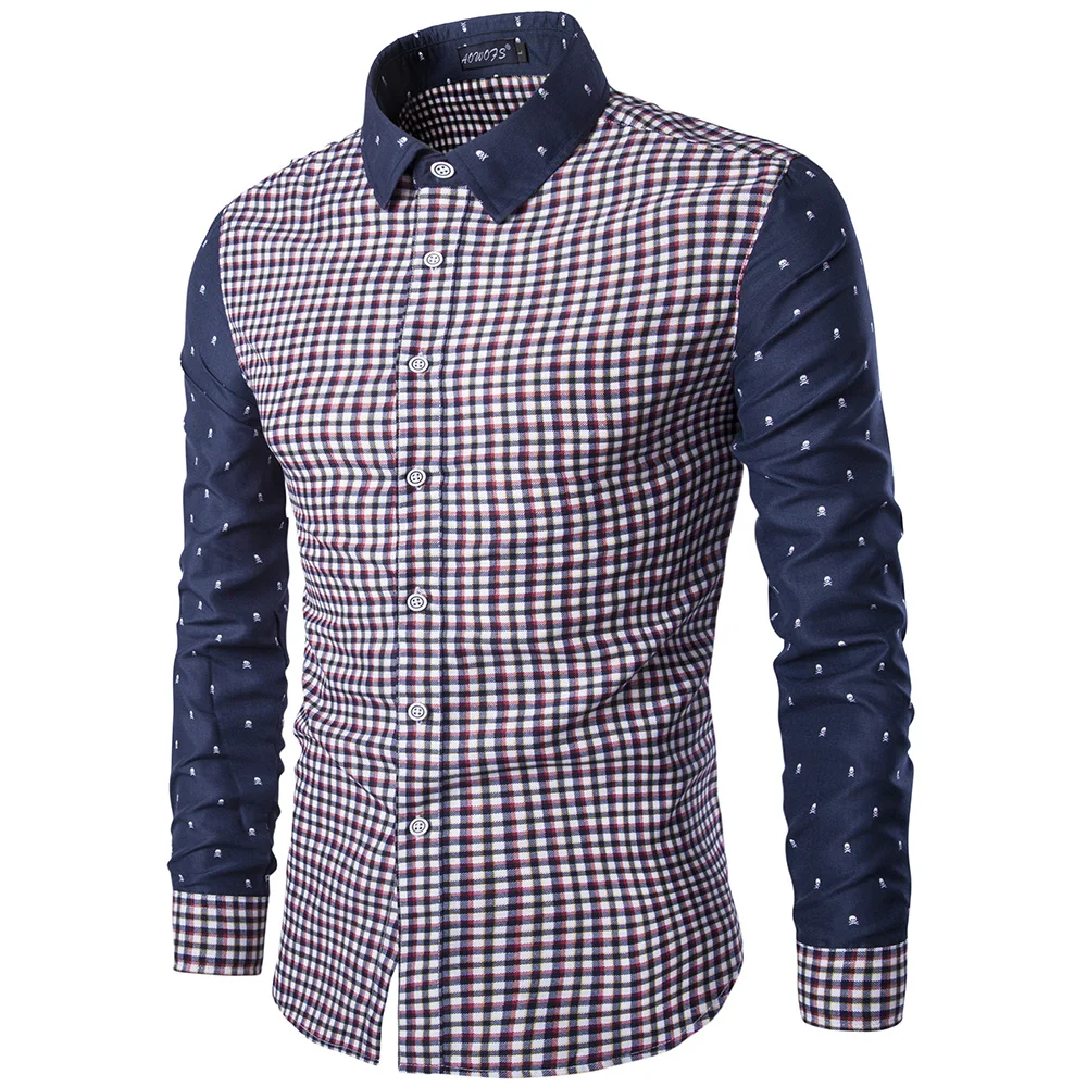 Patchwork Long Sleeve Men Shirt Fashion Plaid Design Skulls Mens Dress