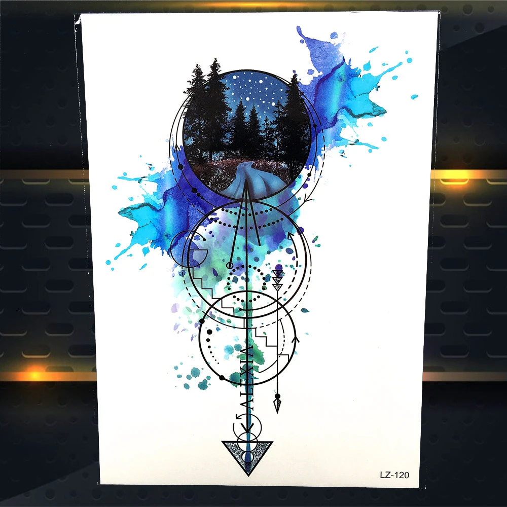 

Geometry Art Temporary Tattoo Sticker Women Blue Watercolor Geometric Arrows Totem Men Waterproof Tattoo Circular Pine Tree Road