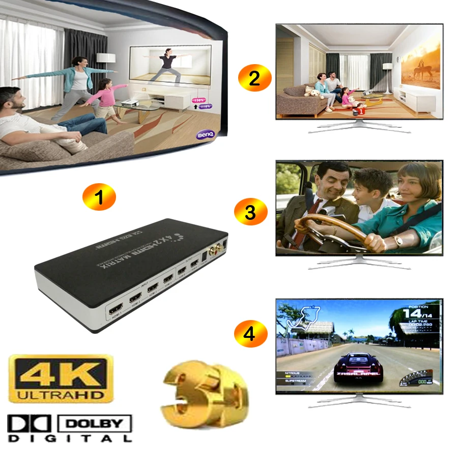 4K HDMI аудио коммутатор 4k 4 в 2 Выход HD 3D 1080P HDMI матрица 4X2 цифровой toslink аудио+ L/R выход с адаптером питания Romote