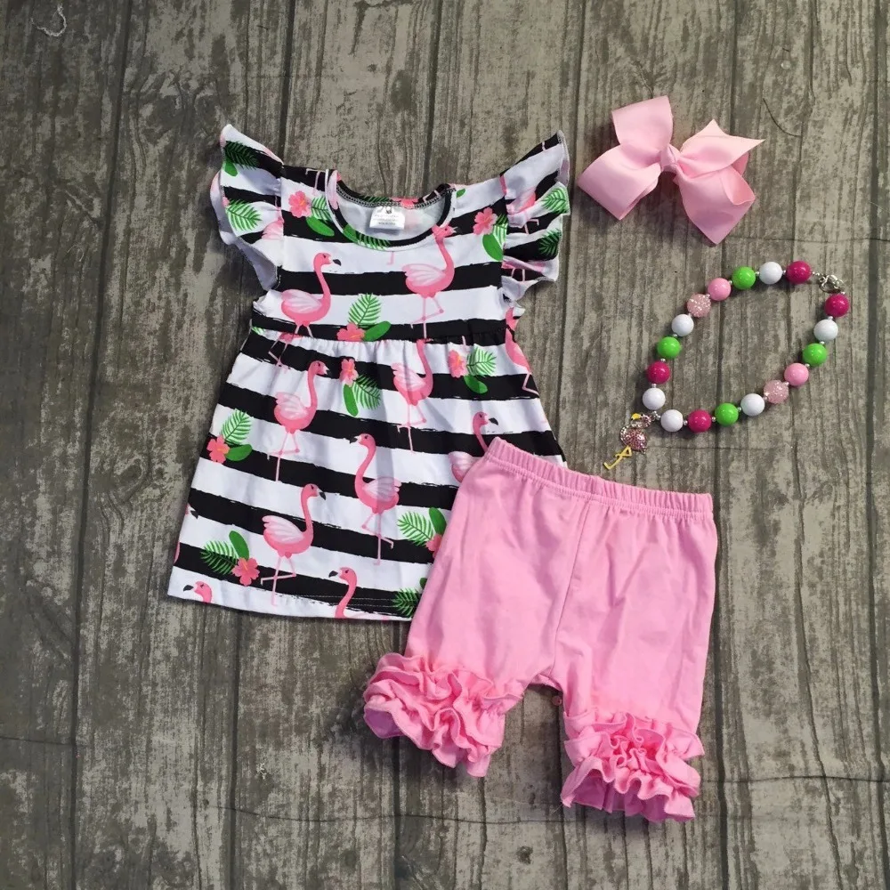 baby girls summer clothing children flamingo outfits girls flamingo top with pink ruffle shorts clothes with neckalce and bows baby girls summer clothing children flamingo outfits girls flamingo top with pink ruffle shorts clothes with neckalce and bows