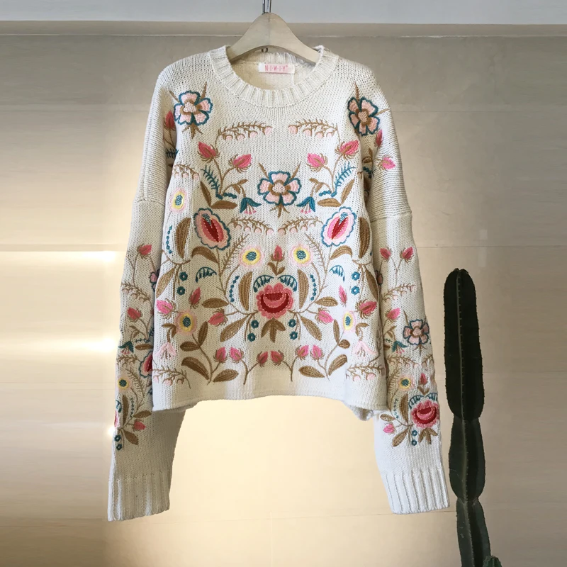 2017 women embroidery floral knit sweater L1422in Hoodies