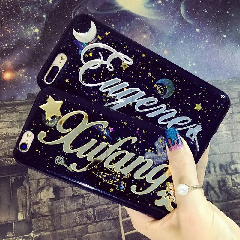 

For iphone 6 6s 7 plus 7+ Korea Awesome Exclusive Personalize Customize Name Star Satelitte Moon Glitter sparkle case