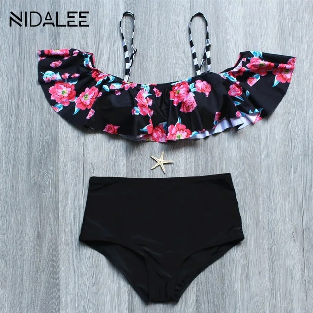 

NIDALEE 2018 Off-the-Shoulder High Waist Bikini Set Floral Ruffle Swimsuit Push-up Swimwear Women Sexy Women's Swimsuits