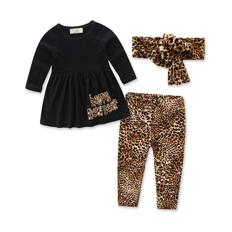 

Happy New Year Girls Clothes Long Sleeve Fall Kids Clothing Set Cheetah Print Girls Tshirt Pants Outfit Retail Baby Clothes