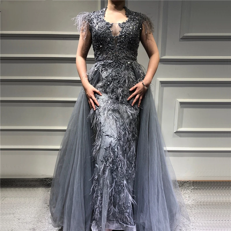 

Dubai Pink Crystal Feathers Sleeveless Evening Dresses 2019 Mermaid Luxury Tulle Evening Gowns New Designer Prom Dresses