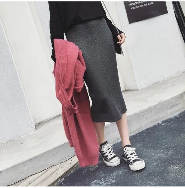 Women Skirts Knitting Solid Female Pencil Skirt Autumn Winter High Waist with Package Hip Split Ends Long Skirt