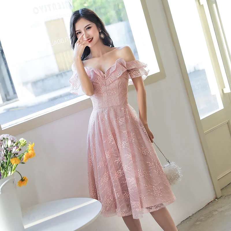 

Simple and Generous Pink Dress Banquet Formal Occasions Evening Dress Off the Shoulder Sexy V--neck Wedding Party Dress