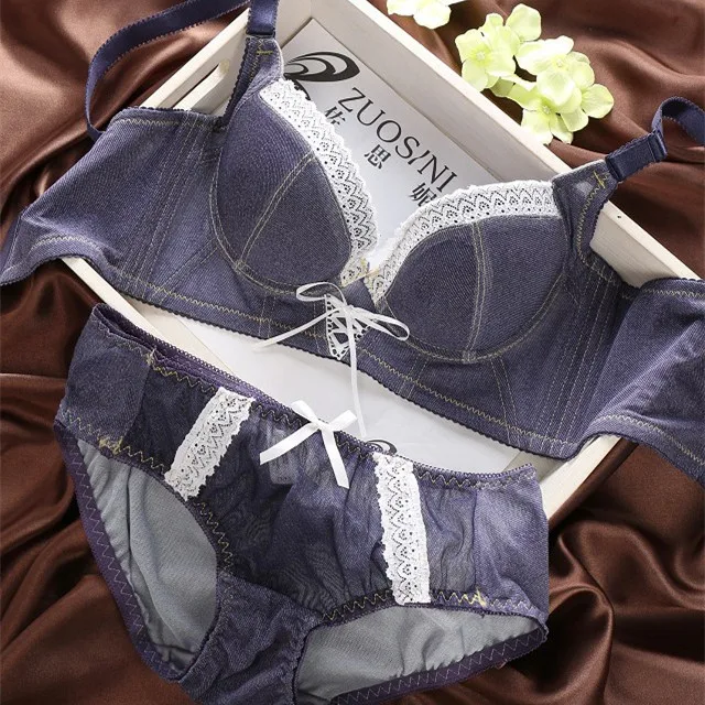 Vintage Denim Bra and Panties Adjustable Push Up Women Lingerie Set