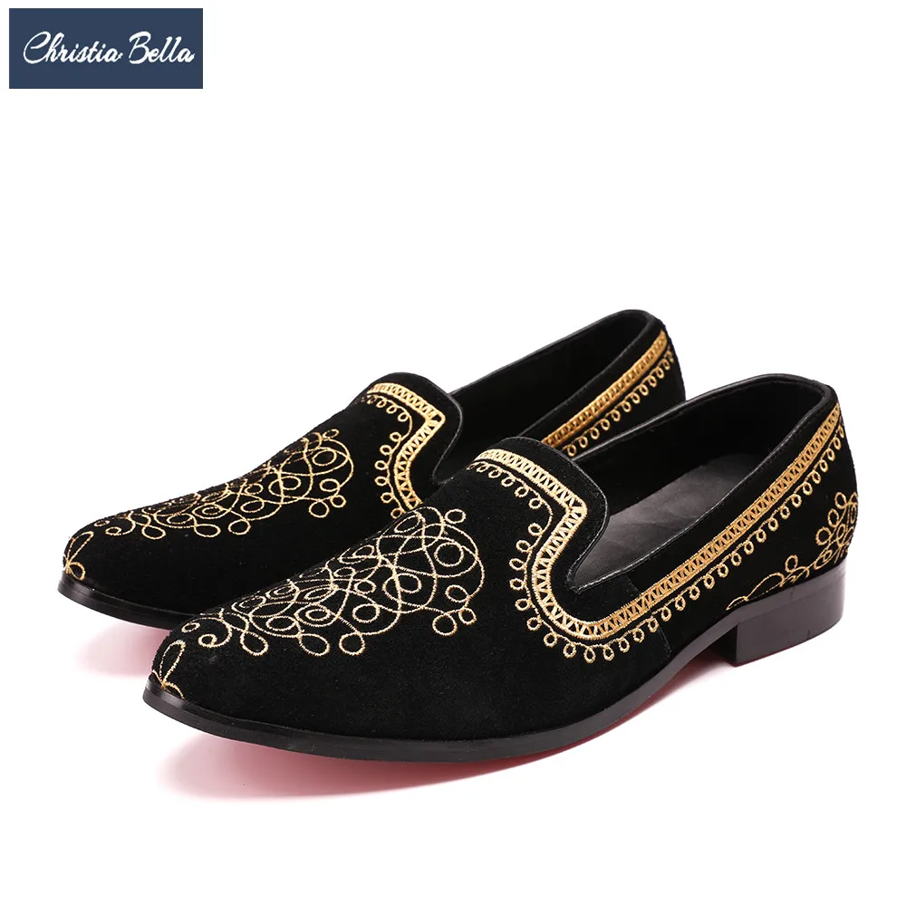 

Christia Bella Vintage Embroidery Men Velvet Shoes Fashion Wedding Banquet Loafers Gold Men Dress Shoes Moccasins Men Flats Shoe