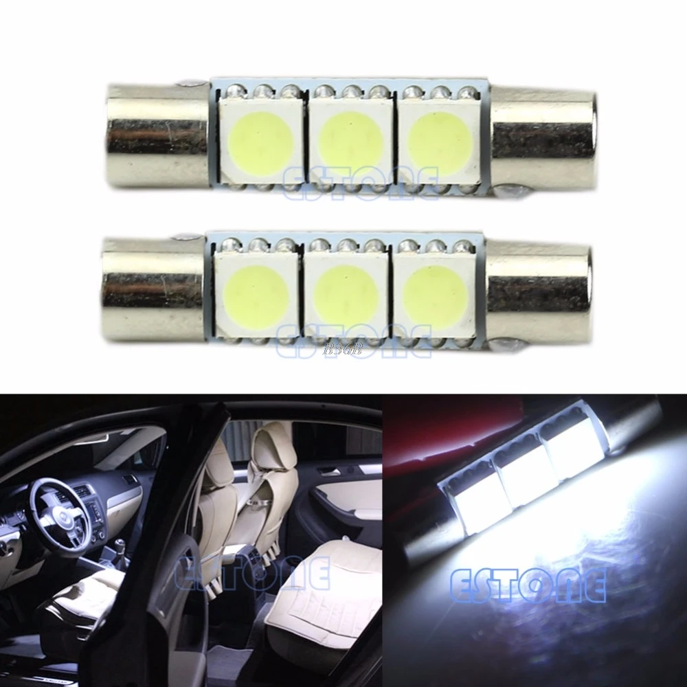 2X T6 3 SMD 5050 White LED Bulbs For Car Sun Visor Vanity Mirror Fuse