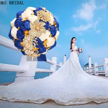 Королевский синий свадебный цветок Роскошный Золотой горный хрусталь цветы для невесты для свадьбы Настоящее фото свадьба Букет невесты подружки невесты