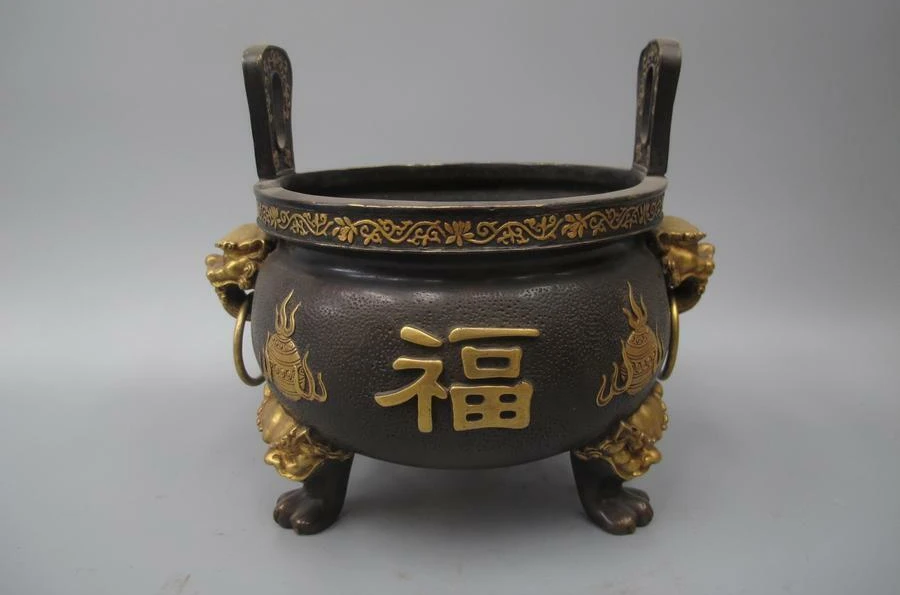 

China Royal 100% Bronze 24K Gold Wealth Foo Dog Lion Ding Incense Burner Censer
