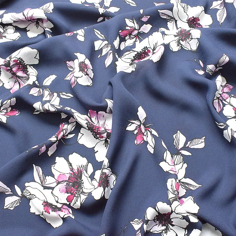

2019 new thickened ramie chiffon fabric spring and summer printed fabric navy blue ink dazzle flower is not transparent