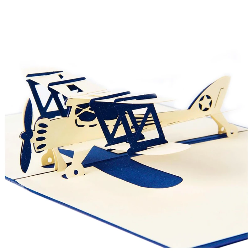 Uesh 3d Decoupe Laser Pop Up Vacances Joyeux Anniversaire Carte Cadeau Carte Postale Avion Modele Bleu Aliexpress