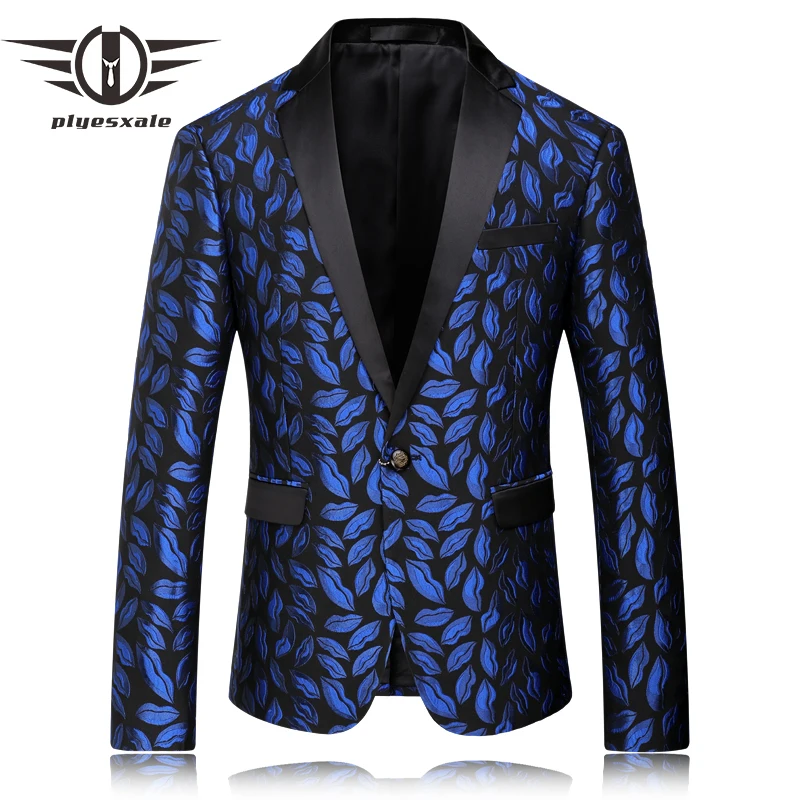 

Plyesxale Blazer Men 2018 Royal Blue Mens Blazer Slim Fit Mens Stage Wear Fashion Printed Wedding Blazers Male Floral Suit Q56