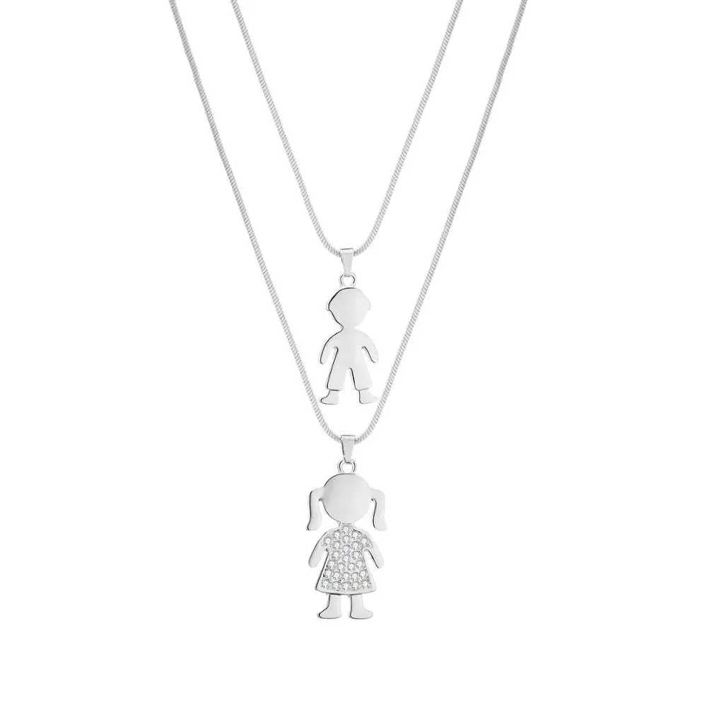 Прекрасный кристалл мальчик и девочка кулон ожерелье для женщин двойной цепи Многослойные ожерелья для семьи ювелирный подарок Новая мода - Окраска металла: Silver