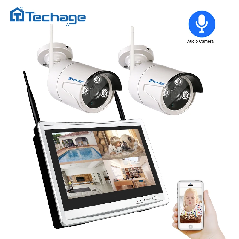 Techage 2 в 1 4CH 1080P 1" lcd Беспроводной NVR Wifi CCTV система наружная 2MP аудио запись звук камера P2P комплект видеонаблюдения