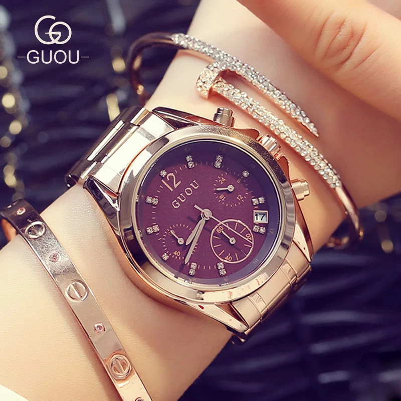 

GUOU Brand Quartz Lady Watch Rhinestone Waterproof Steel Rose Gold Women's Watch Luxury Gift Wristwatches 8132 /w Calendar GU003