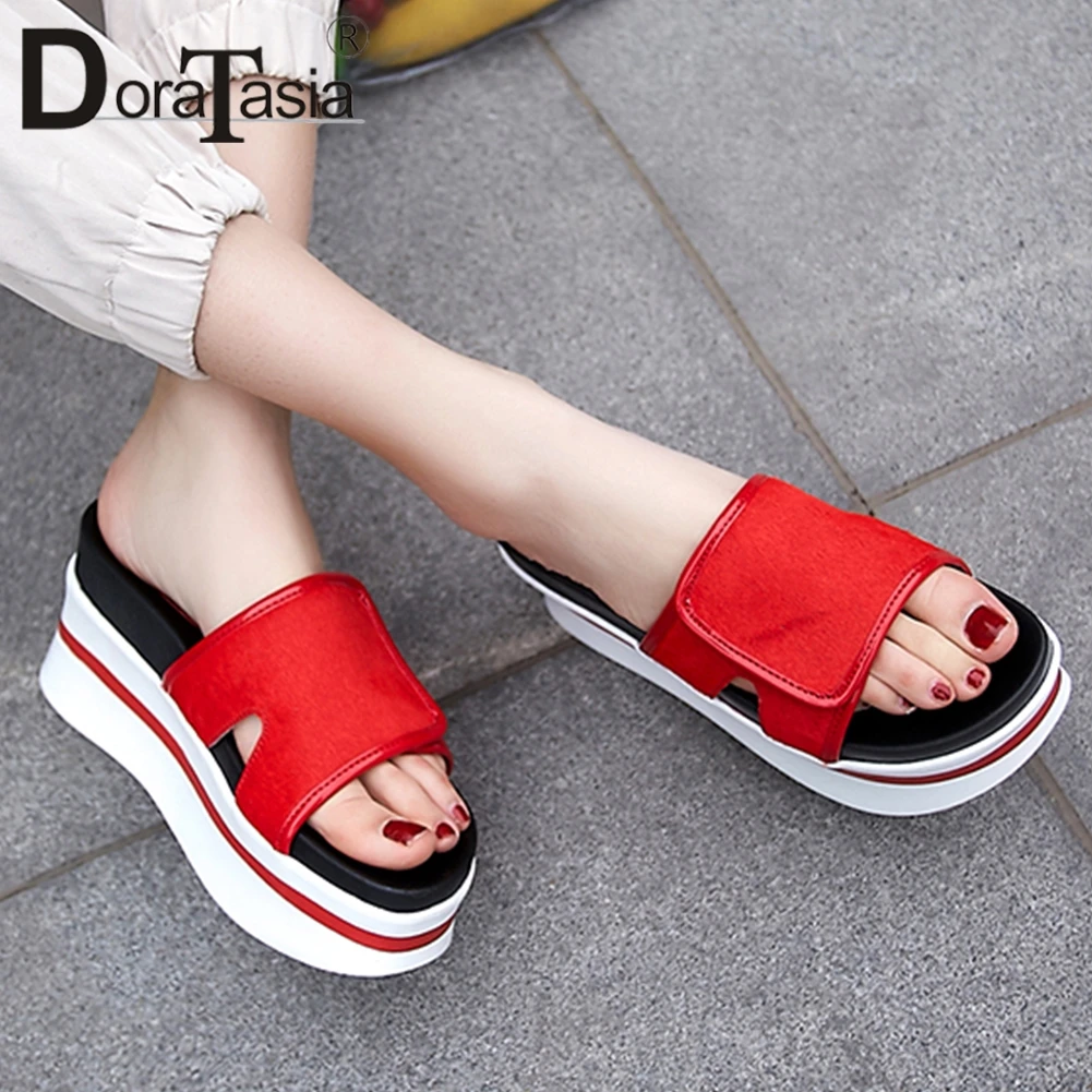 

DORATASIA 2019 New Horsehair Genuine Leather Shoes Slippers Woman Flat Platform Summer Gril Slippers Women Casual Shoes Woman