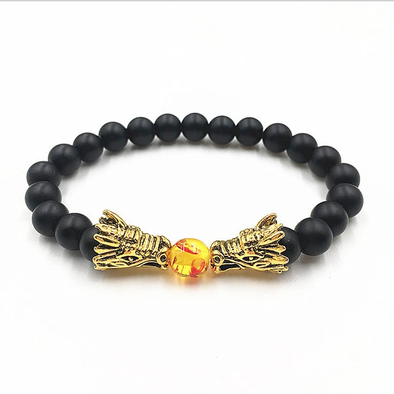 

NEW 8mm man/women black natural Stone double dragon heads design ball beads Balance Bracelet Lava Yoga Reiki Prayer bracelet Q6