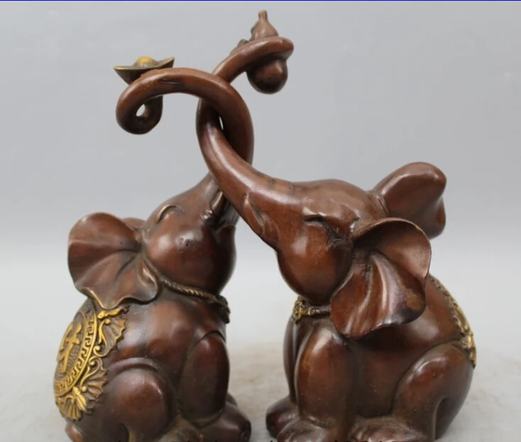 

free 11" Chinese Bronze Gild Folk Fu Wealth Auspicious elephant Statue sculpture Pair fast