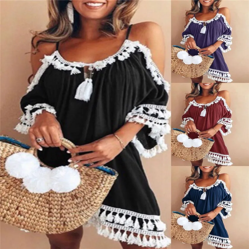 

2019 Women's dress summer hanging neck fringed net color shoulder sexy dresses