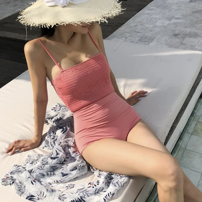

Women's One Piece Swimsuit Pink Halter Shown Cleavage Backless Padded Wireless Bathing Suit Swimwear