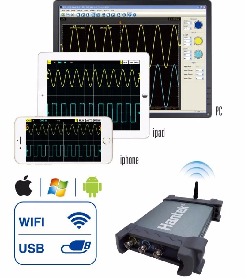 Hantek iDSO1070A цифровой осциллограф 2CH 70 МГц Поддержка полосы пропускания iPhone/iPad/Android/осциллограф для Windows wifi связь