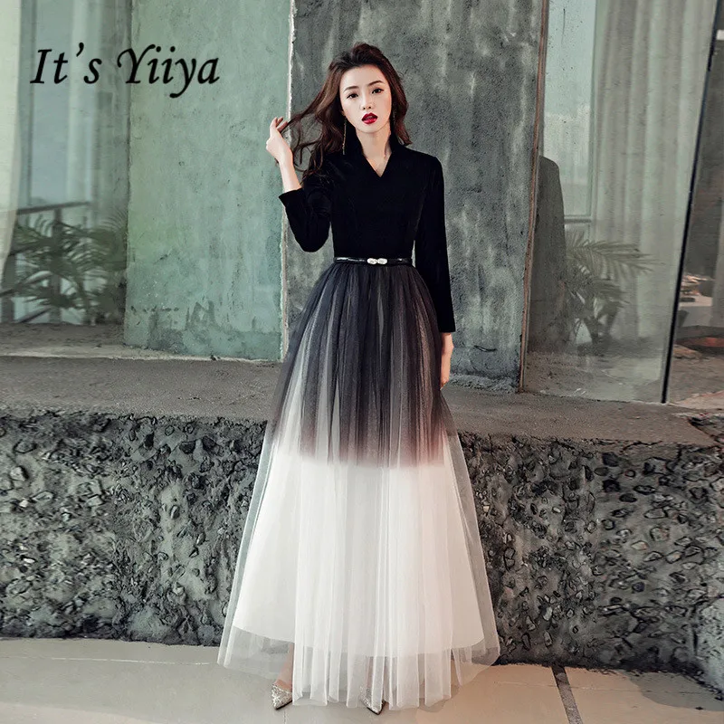 Это YiiYa вечернее платье черный градиент цвета длинное вечернее платье три четверти рукав v-образный вырез модное вечерние платье E012 - Цвет: Черный