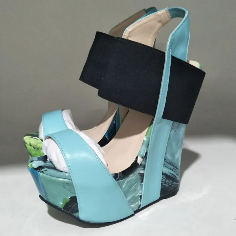 SHOFOO/обувь; милая модная обувь; ; разноцветная кожа; босоножки на танкетке 15 см; женские босоножки. Размер: 34-45