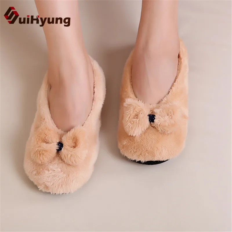 Suihyung/женские тапочки; зимняя теплая плюшевая домашняя обувь; милые домашние тапочки с большим бантом на нескользящей подошве; женская домашняя обувь на меху без застежки - Цвет: Хаки