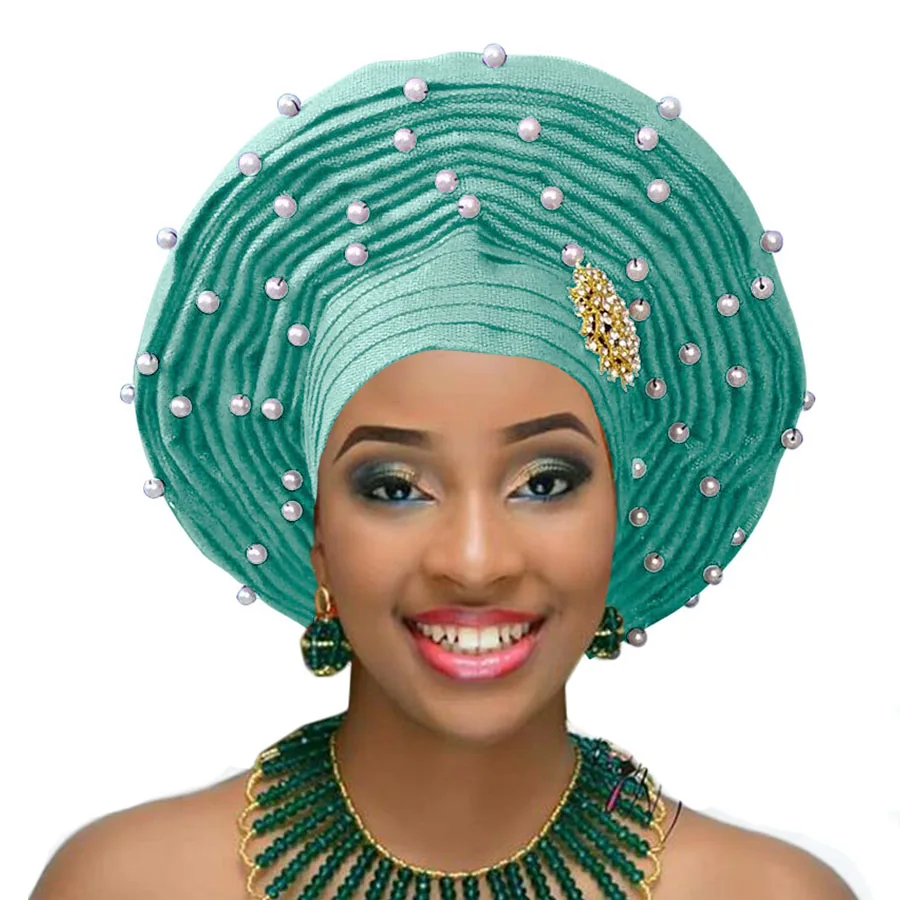 aqua Aso oke gele nigerian woman headtie with white beads african woman auto gele for wedding headwear 2018