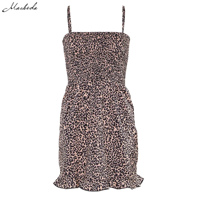 Macheda Autumn Leopard Print Mini Dresses Women Fashion Spaghetti Strap Ruffle Sleeveless Casual Short Dresses New - Цвет: Коричневый