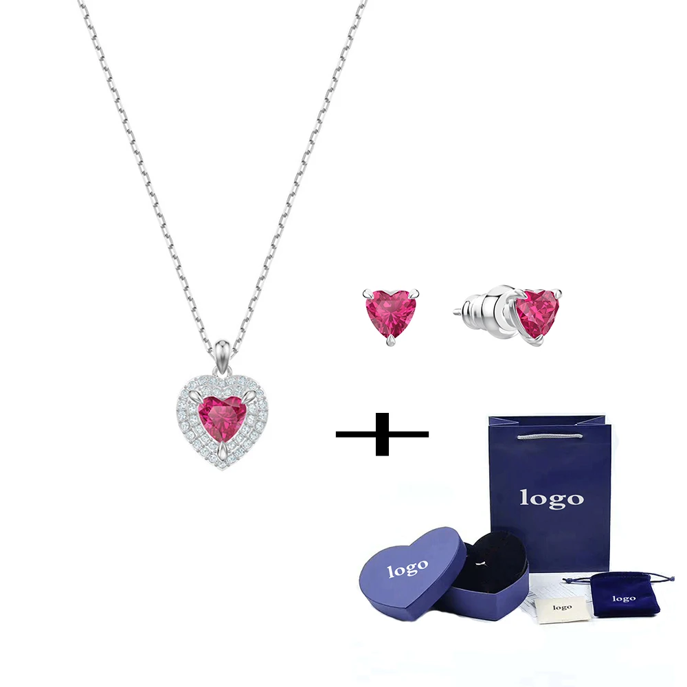

SWA RO 2019 New ONE Set Original Shiny Heart Shaped Red Crystal Female Clavicle Necklace Set Send Wife Lover Jewelry Set Gift