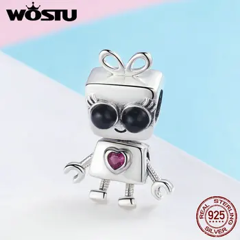 

WOSTU Design 925 Sterling Silver Lovely Robot Girl Charms Bead Fit Bracelet Pendants DIY Fashion Jewelry Cute Gift FIC885