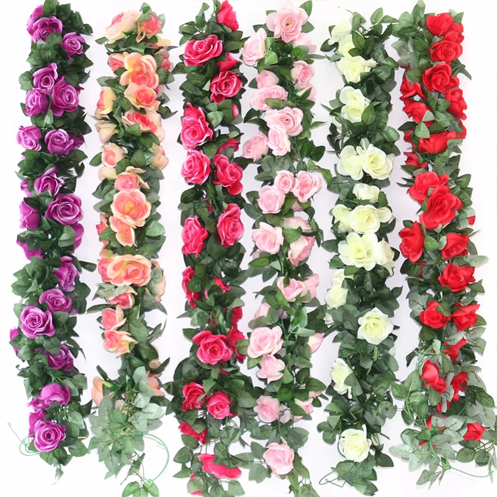 

2.3m Artificial Rose Flower Fake Hanging Decorative Roses Vine Plants Leaves Artificials Garland Flowers Wedding Wall Decoration