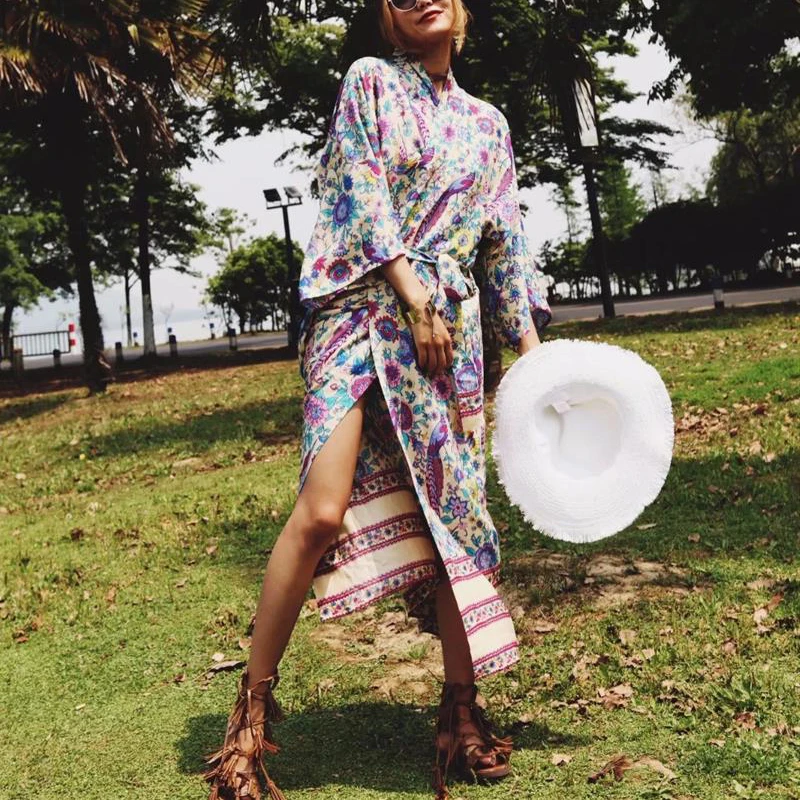 

Khale Yose 2018 Summer Kimono Maxi Dress Long Sleeve Floral Print Boho Women Beach Dress Hippie Gypsy Female Long Ladies Dresses