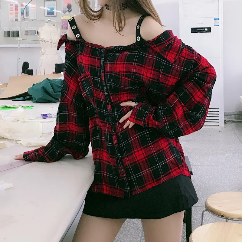  Black Red Plaid Shirt Women Casual Vintage Plaid Spaghetti Strap Sexy Loose Retro Punk Goth Blouses
