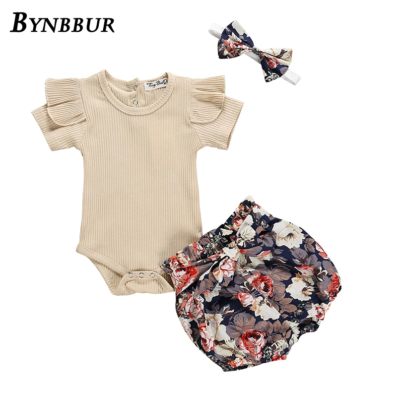 Bynbbur Solid Top And Floral Print Shorts Sets 2 Pieces Suits Girl Kids Cute Princess Sets Cute Party Baby Girls 2019 Summer New