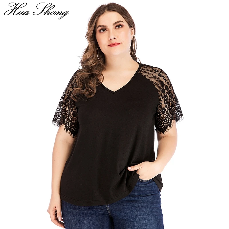 

Plus Size Blouse Short Sleeve Women Summer V Neck Lace Transparent Sleeve Casual Blouse Black Loose Oversized Ladies Tunic Tops