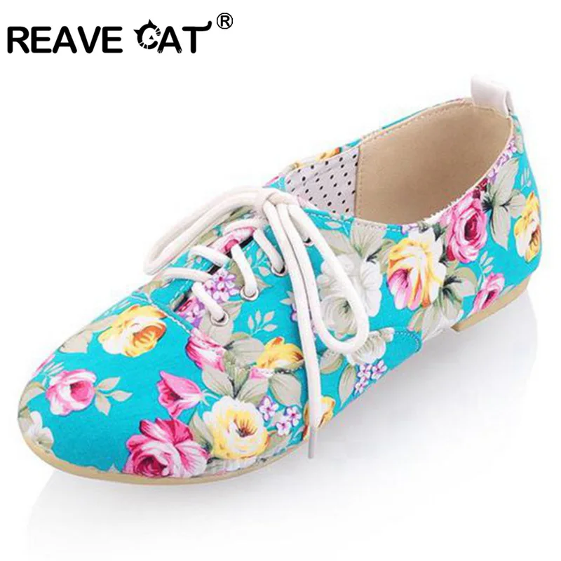 

REAVE CAT Fashion Comfy Ladies Low heels Flats Lace up Flower Red Black White Flat shoes for women Flower Cloth Spring QL3126