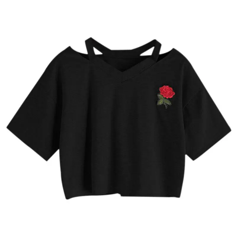

Women Sexy Rose Embroidery T-shirts Hollow Out Short Sleeve Casual Harajuku Crop Top Summer Short T Shirt