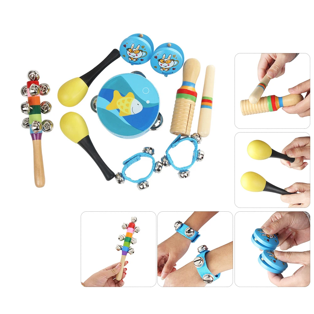 New 10pcs/set Musical Toys Orff Instruments Sets Band Rhythm Kit Including Tambourine Maracas Castanets Handbells for Kids | Спорт и